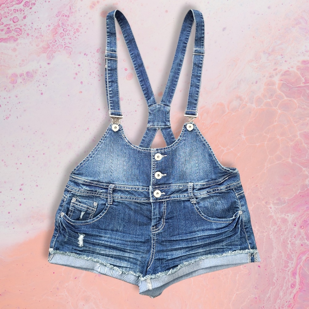 No Boundaries Blue Denim Distressed Overall Shorts